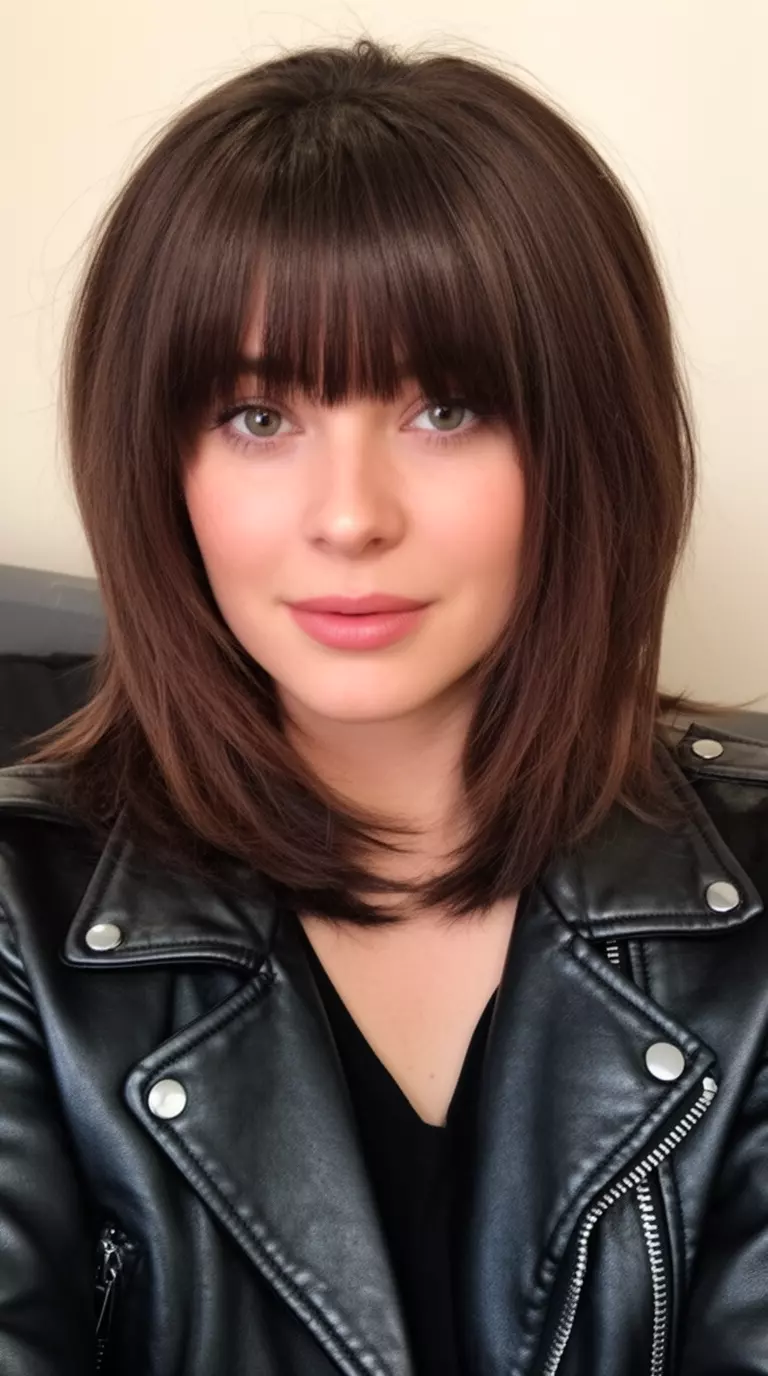 casual close-up photo of a 27-year-old woman wearing a black leather jacket with a medium-length layered dark brown hairstyle and straight fringe bangs, minimal background
