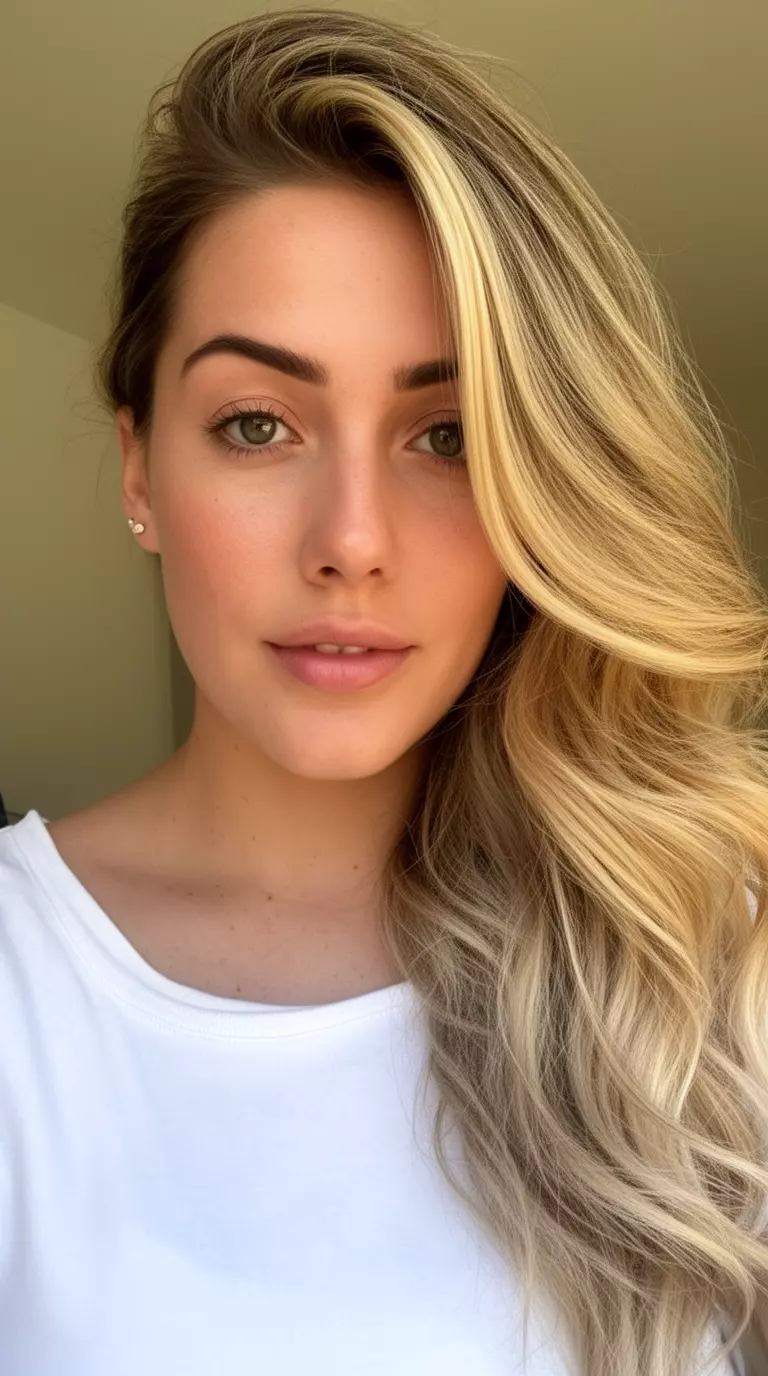 casual close-up photo of a 26-year-old woman wearing a white top with a long wavy blonde hairstyle swept to the side with face-framing highlights, minimal background
