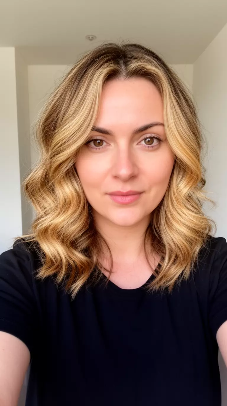 selfie of a 33-year-old woman wearing a black top with a medium-length wavy warm blonde hairstyle with highlights, minimal background