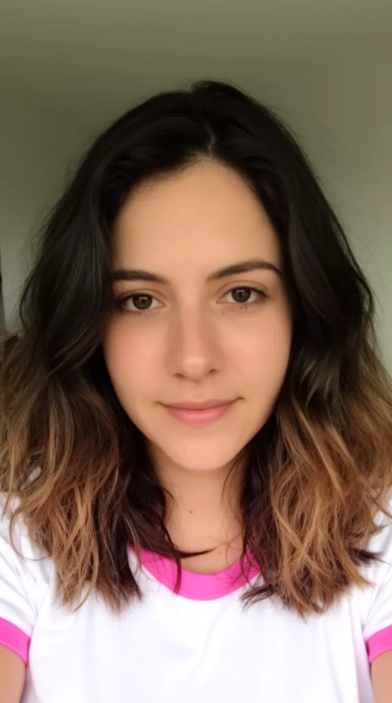 casual close-up photo of a 29-year-old woman wearing a white top with pink trim with a medium-length slightly wavy dark brown hairstyle with subtle lighter ends, minimal background