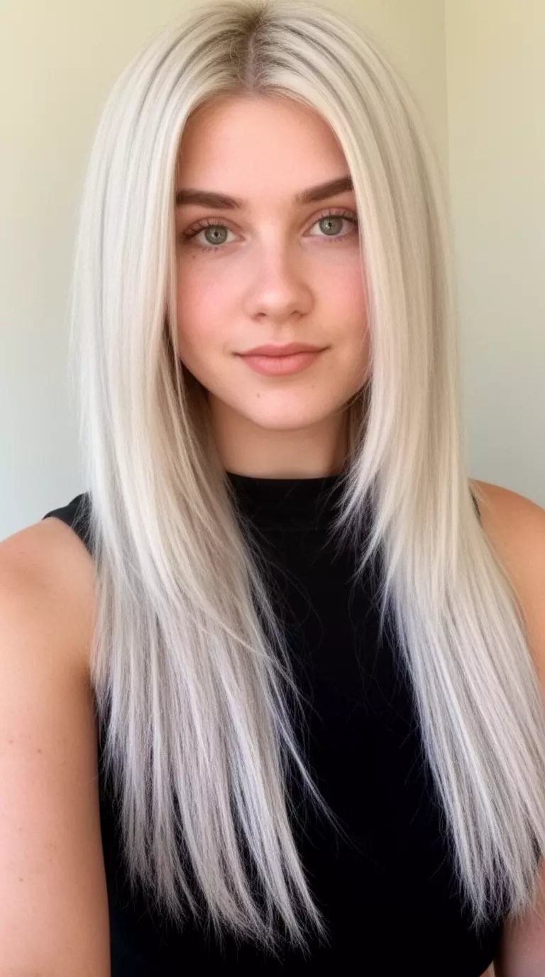 casual close-up photo of a 27-year-old woman wearing a black sleeveless top with a long layered straight platinum blonde hairstyle, minimal background