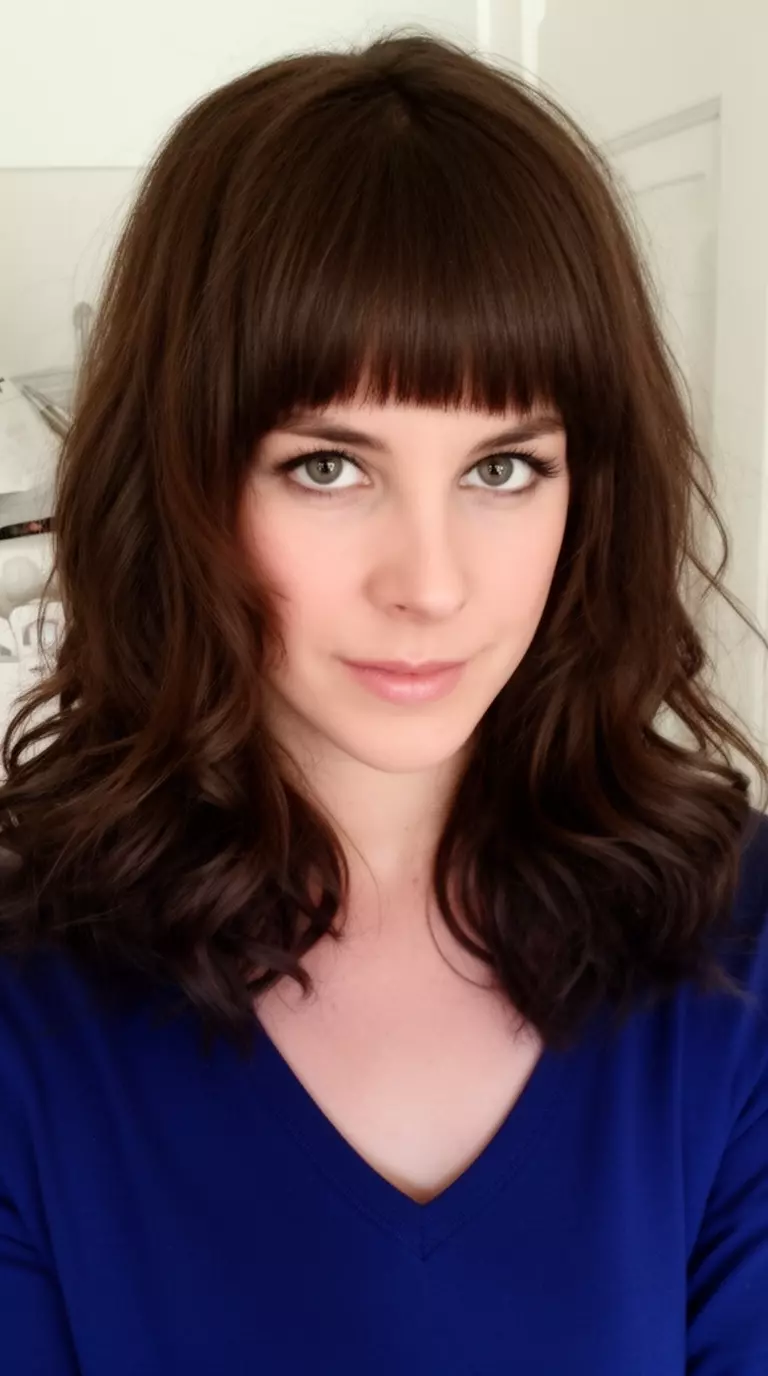 casual close-up photo of a 30-year-old woman wearing a dark blue v-neck top with a dark brown layered wavy hairstyle and short fringe bangs, minimal background