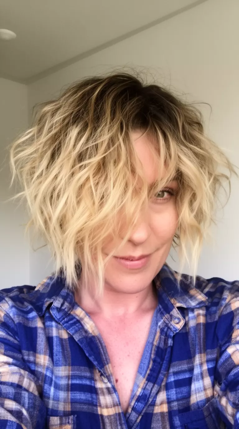 selfie of a 34-year-old woman wearing a blue and tan plaid shirt with a choppy wavy short blonde hairstyle with dark roots partially covering her face, minimal background