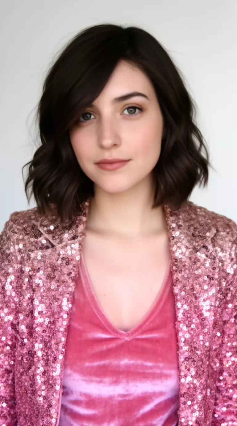 casual close-up photo of a 26-year-old woman wearing a pink velvet top and sequined jacket with a short dark brown wavy hairstyle styled to the side, minimal background