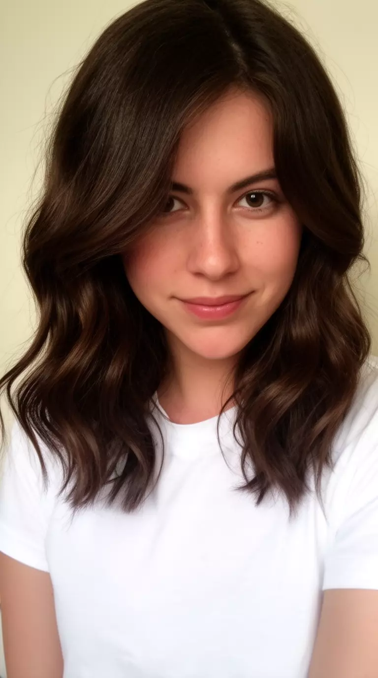 casual close-up photo of a 31-year-old woman wearing a white t-shirt with a dark brown wavy medium-length hairstyle and a side part, minimal background