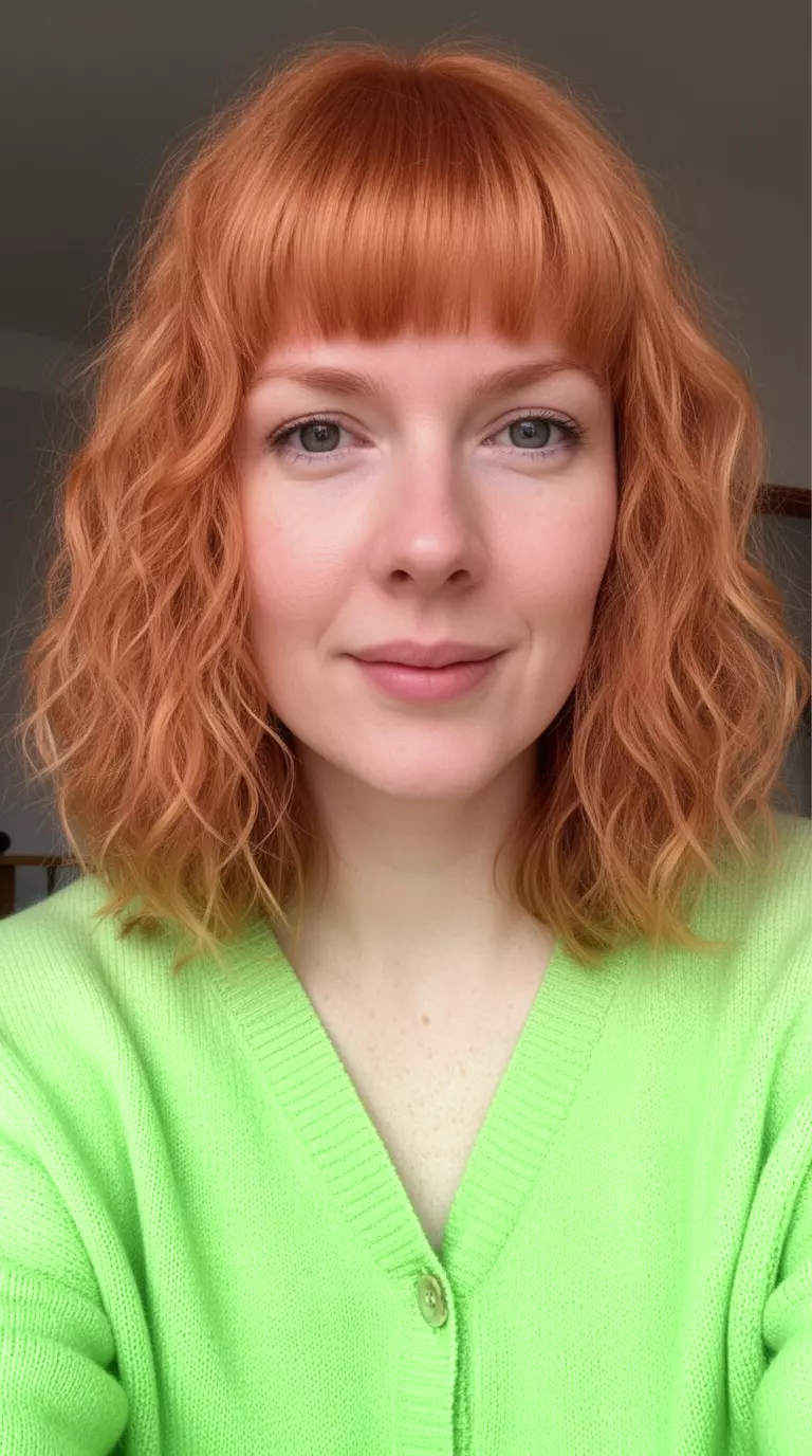 casual close-up photo of a 30-year-old woman wearing a light green cardigan with a medium-length wavy strawberry blonde hairstyle and short bangs, minimal background