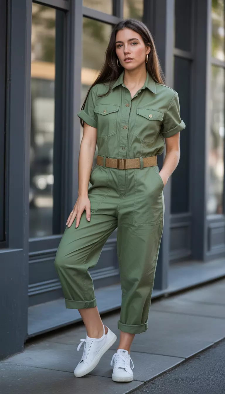 A beautiful woman in a jade green cotton utility jumpsuit with rolled cuffs, white sneakers, and a tan utility belt.