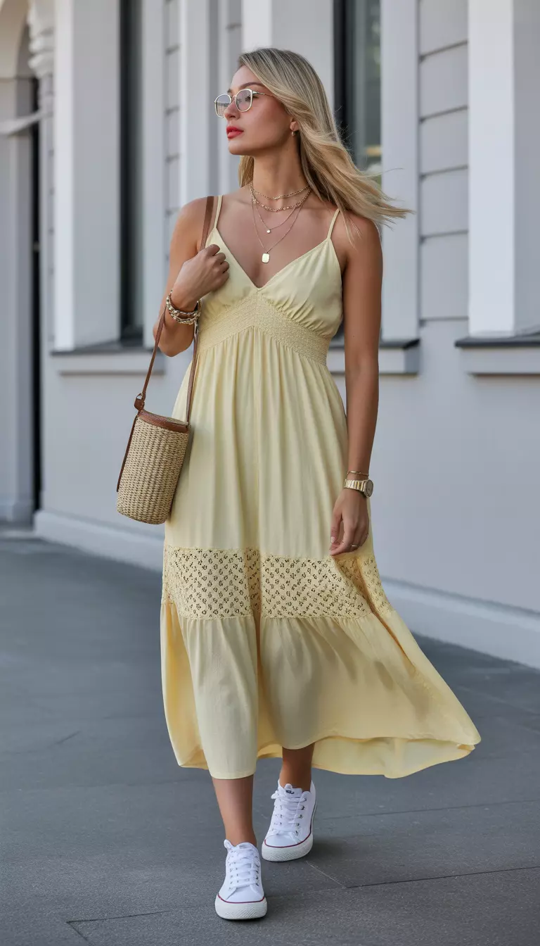 A beautiful woman in a butter yellow flowy maxi dress with lace ruffles, white canvas sneakers, a straw crossbody bag, and layered delicate gold necklaces.