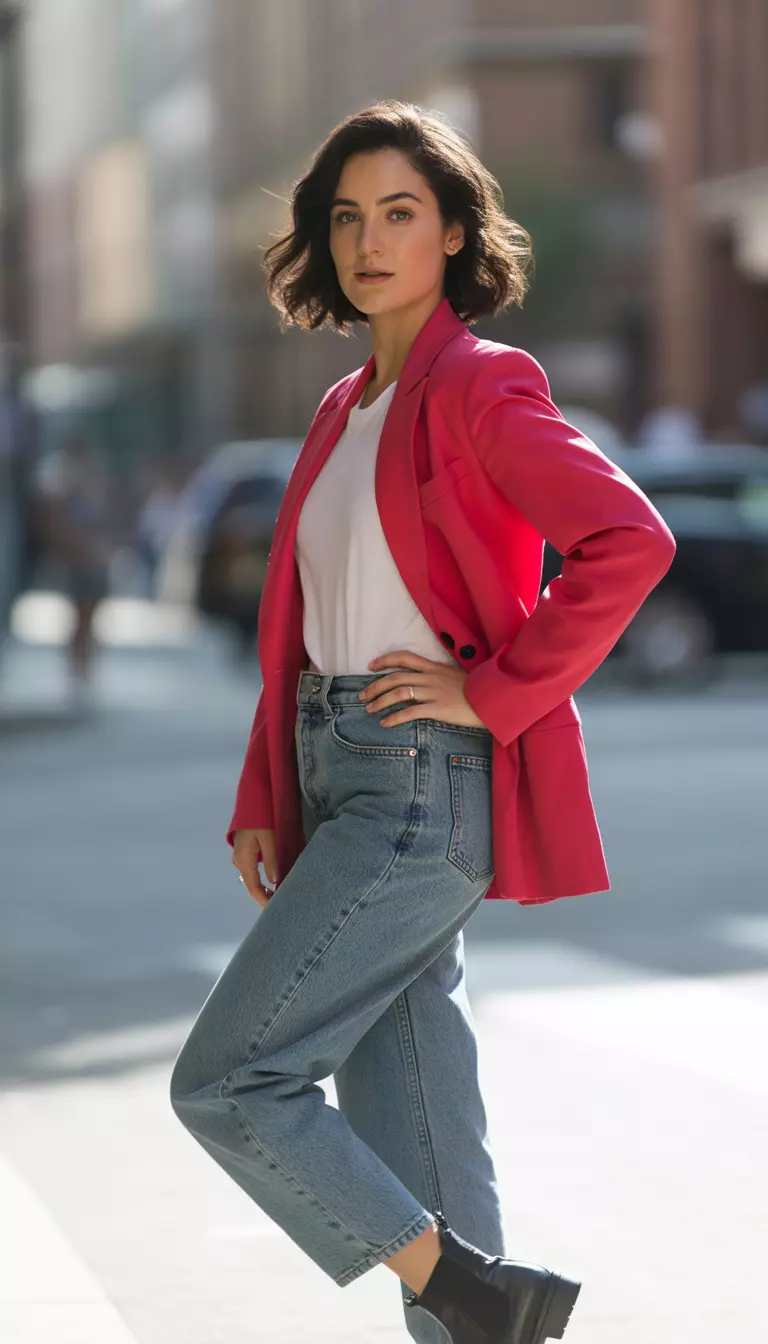A beautiful woman in a lipstick red blazer, a white tee, medium wash mom jeans, and black chelsea boots.