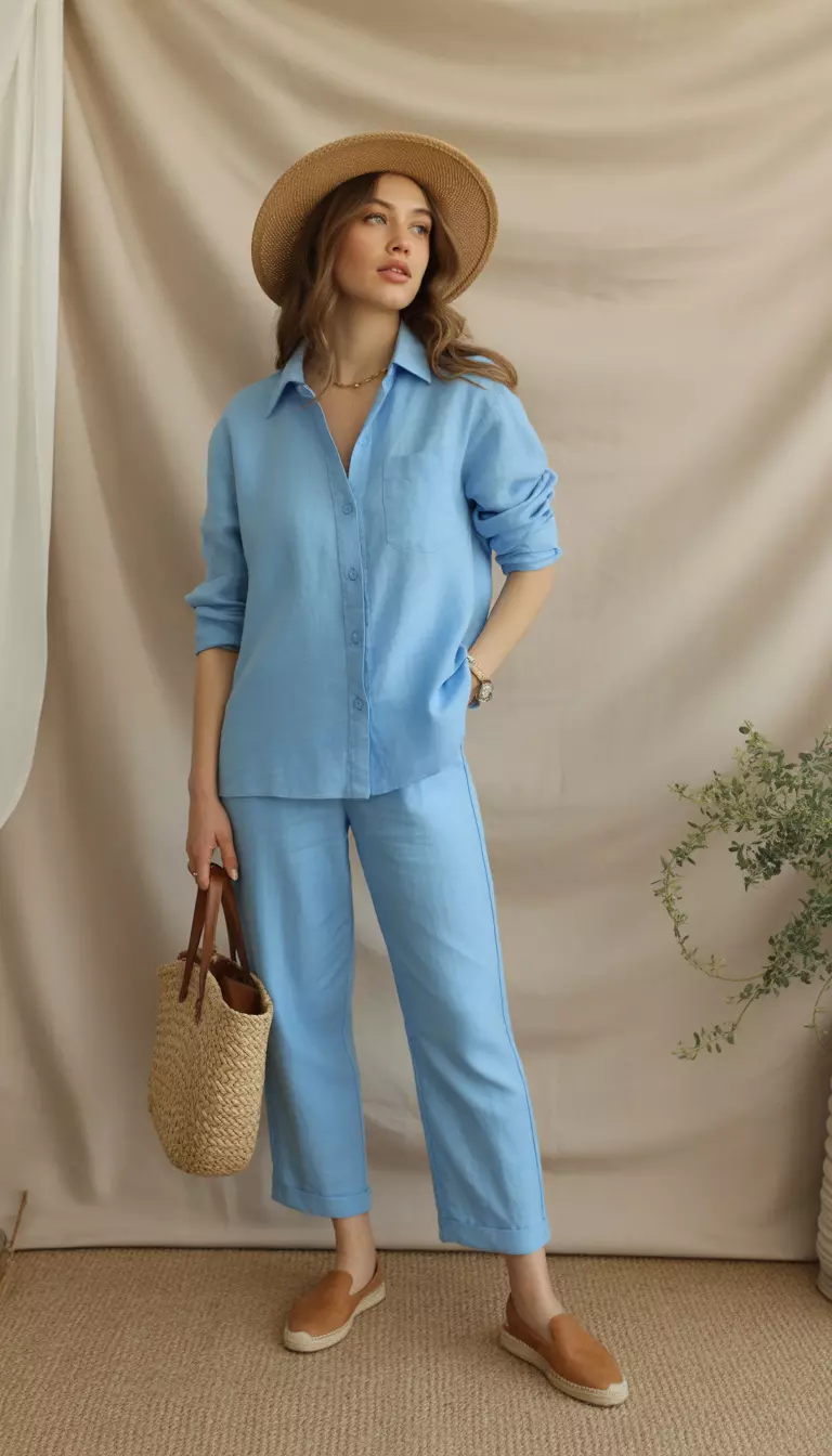 A beautiful woman in a sky blue linen button down shirt, sky blue linen pants, tan espadrilles, and a tan straw hat.