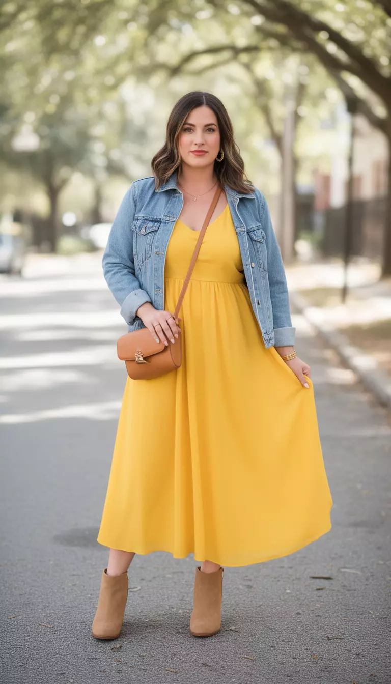A beautiful woman in a canary yellow slip dress, a light blue denim jacket, tan ankle boots, and a tan crossbody wallet.