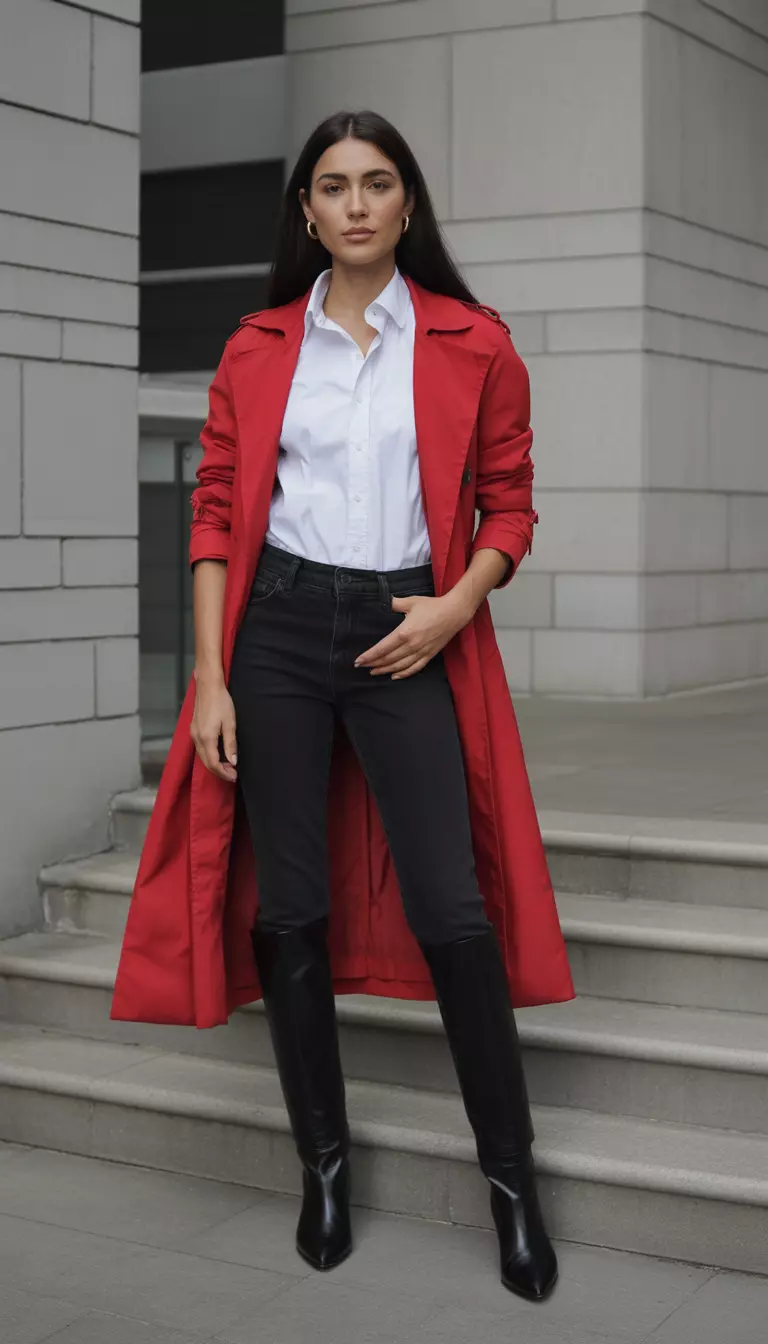 A beautiful woman in a fire engine red trench coat, a white button up shirt, black cropped pants, and black knee high boots.