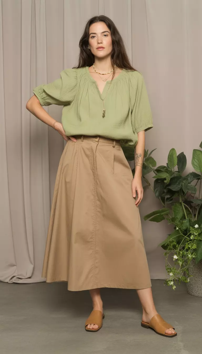 A beautiful woman in a wasabi green peasant blouse, a khaki midi skirt, tan flat mules, and a beaded necklace.