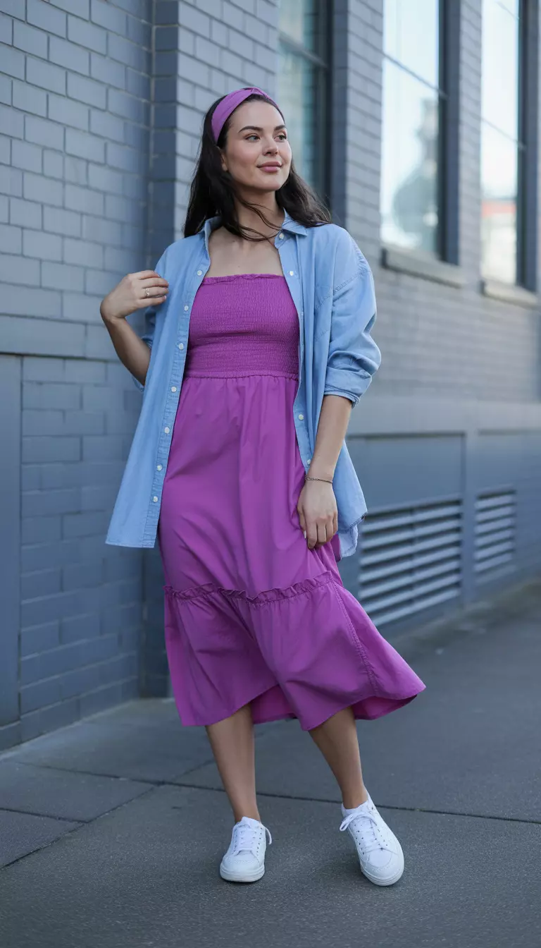 A beautiful woman in a vibrant violet ruffle midi dress, a blue denim chambray shirt, white sneakers, and a violet headband.