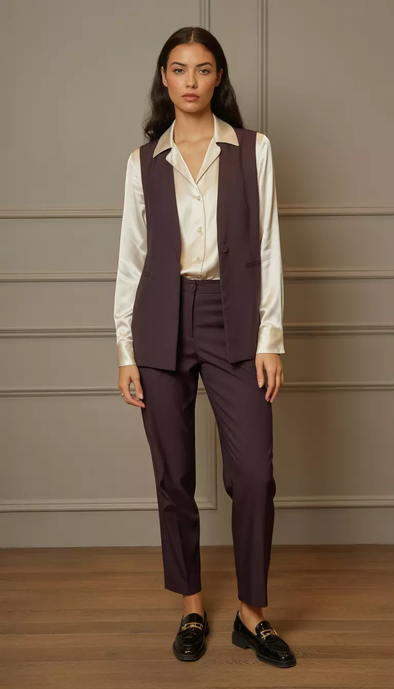 A beautiful woman in a plum noir tailored vest, plum noir tailored pants, an ivory silk blouse, and black loafers.