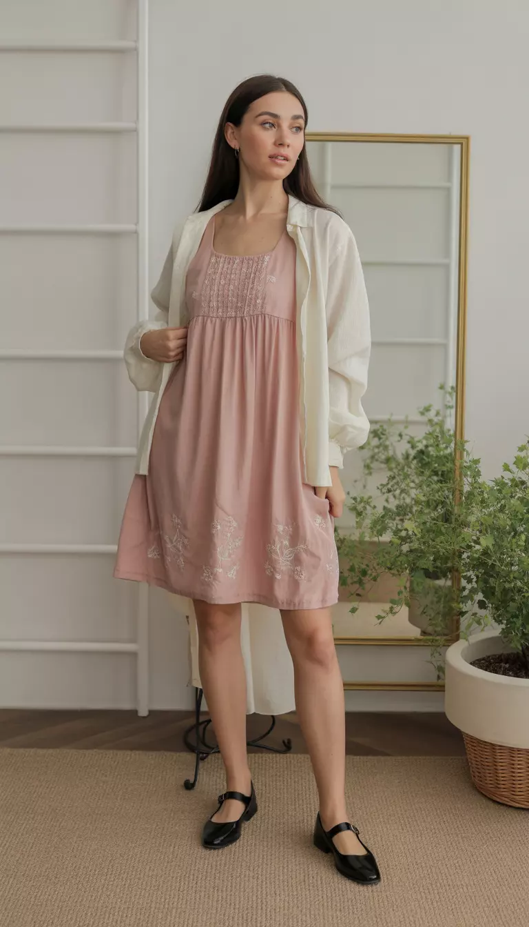 A beautiful woman in a powder pink babydoll dress with embroidery, a cream lightweight cardigan, and black mary jane flats.