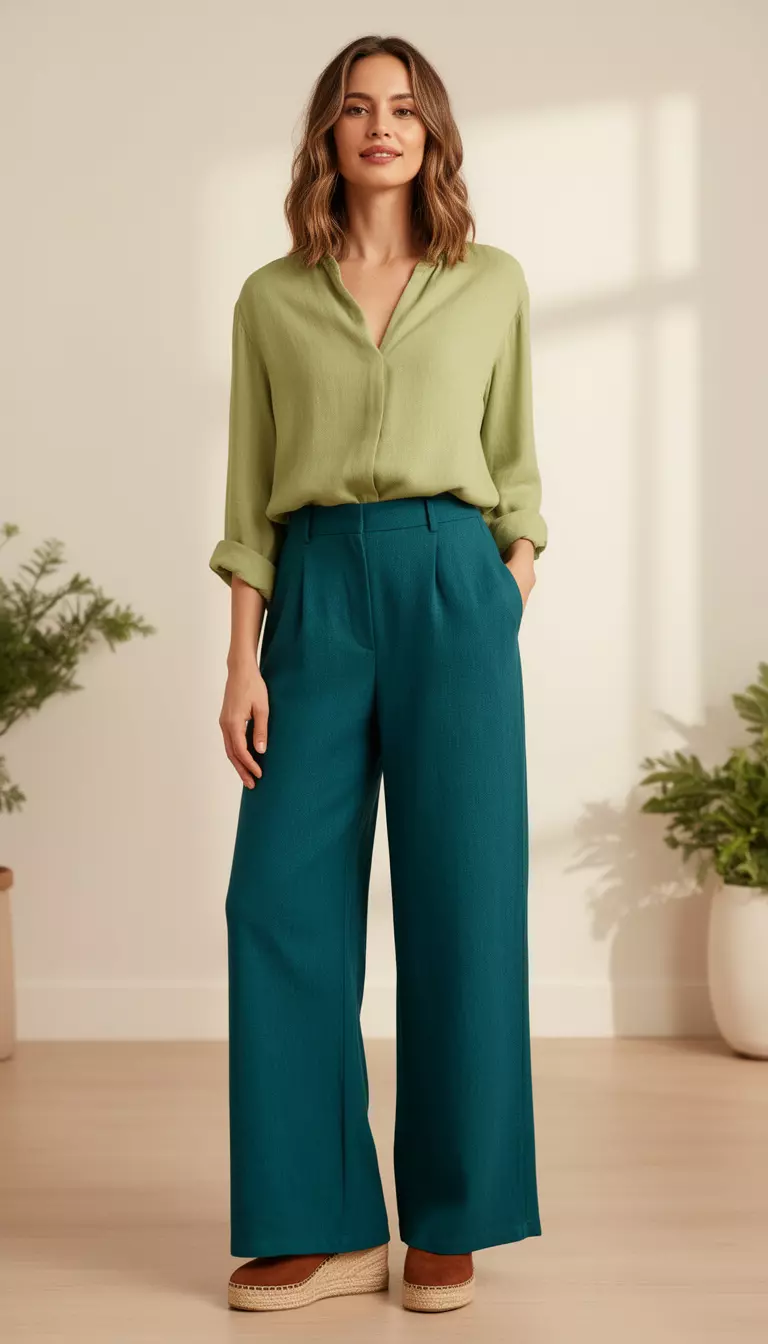A beautiful woman in rich teal wide leg linen trousers, a pistachio green tucked in blouse, and brown wedge espadrilles.
