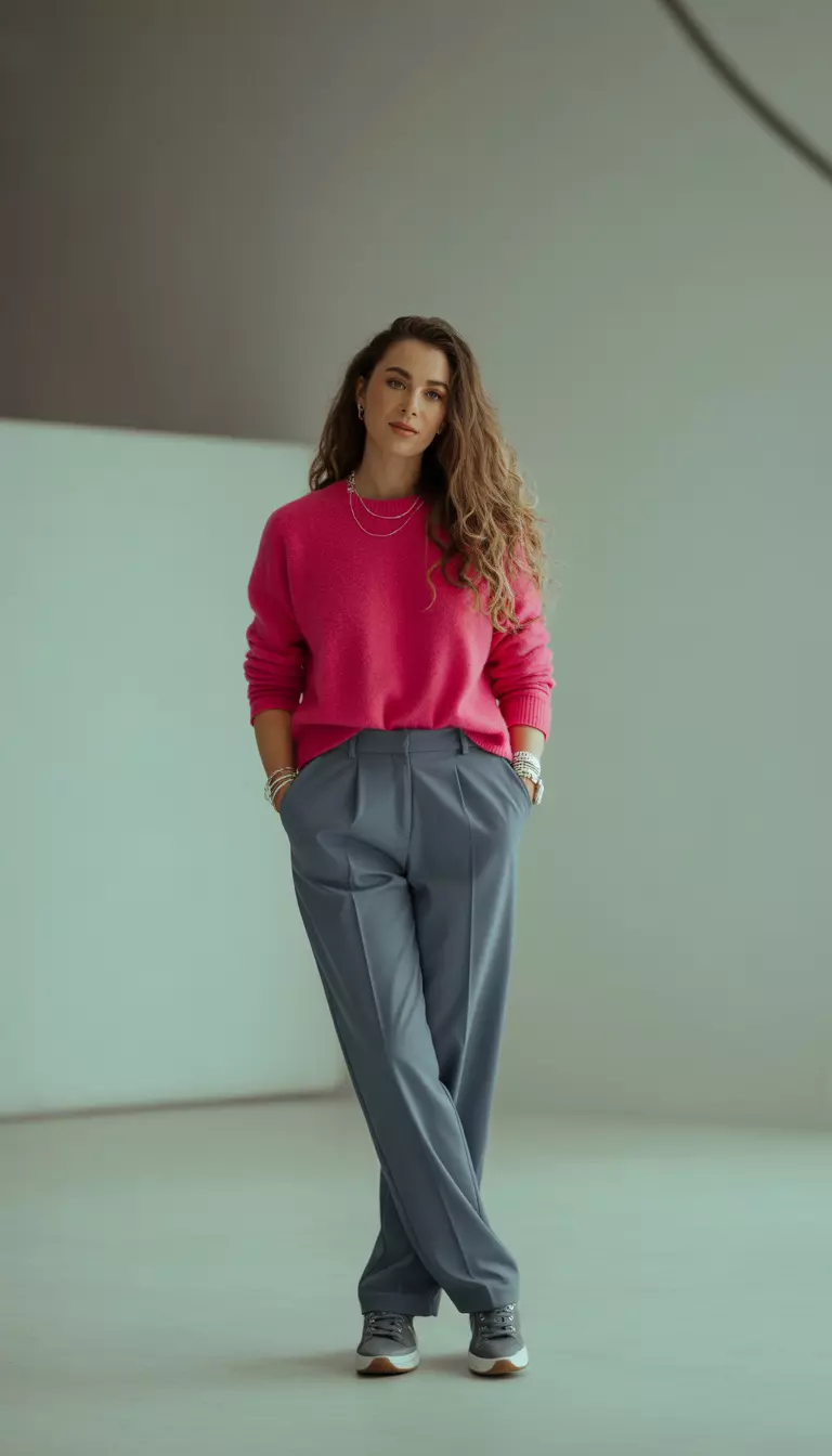 A beautiful woman in storm grey trousers, a hot pink sweater, grey sneakers, and silver jewelry.