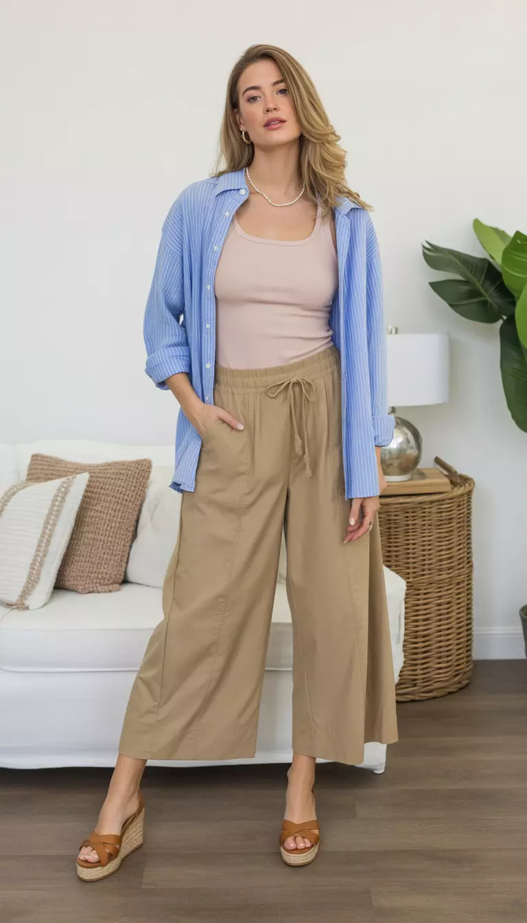 A beautiful woman in khaki wide leg boho pants, a baby pink tank, a blue chambray shirt, and brown wedges.