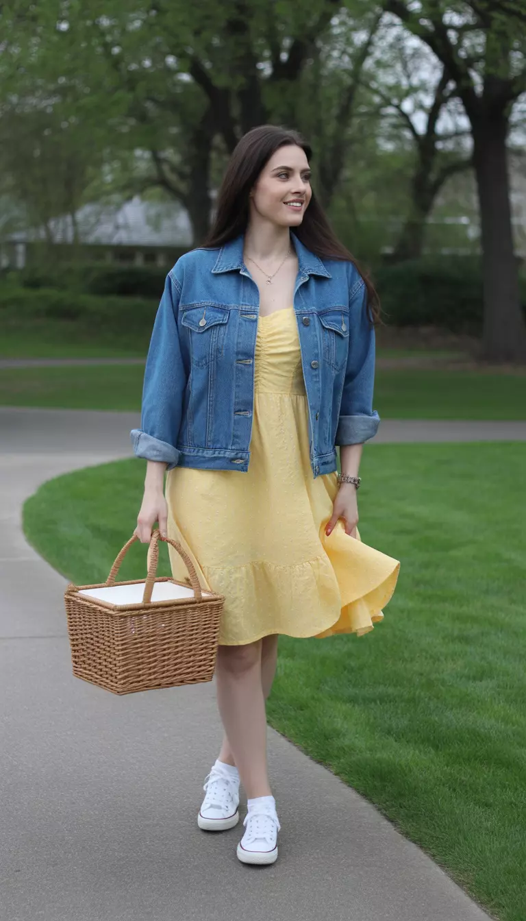 A beautiful woman in a daffodil yellow sundress, a blue denim jacket, white canvas sneakers, and a tan picnic tote.
