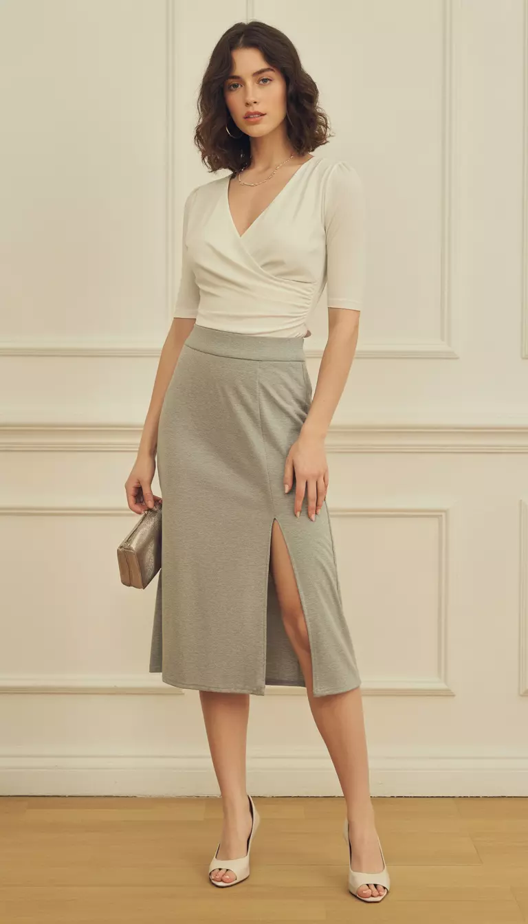 V-Neck Minimalist Top and Slit Skirt A beautiful woman in a cream V neck top with half sleeves, low rise gray midi skirt with side slit, and peep toe heels.