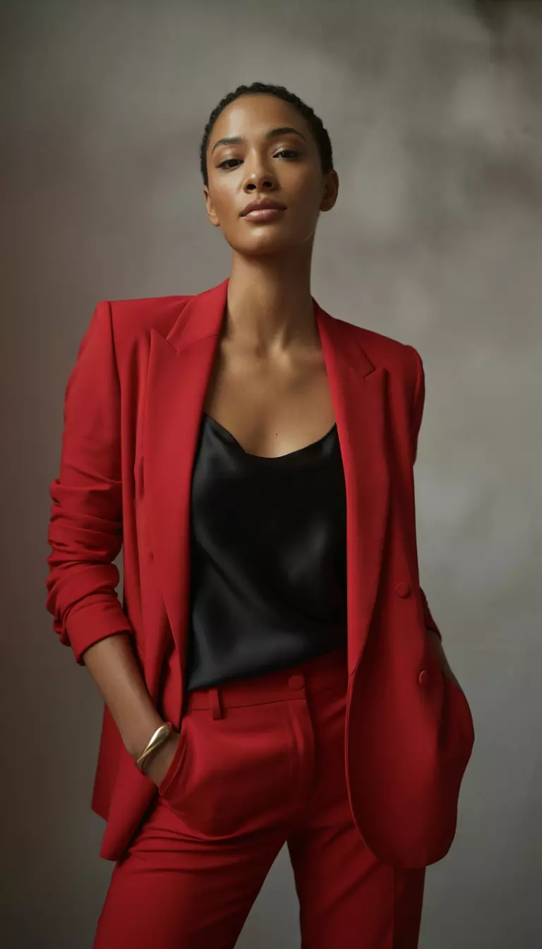 A beautiful woman in a bright red tailored suit jacket, matching red pants, black silk cami, and red pumps.