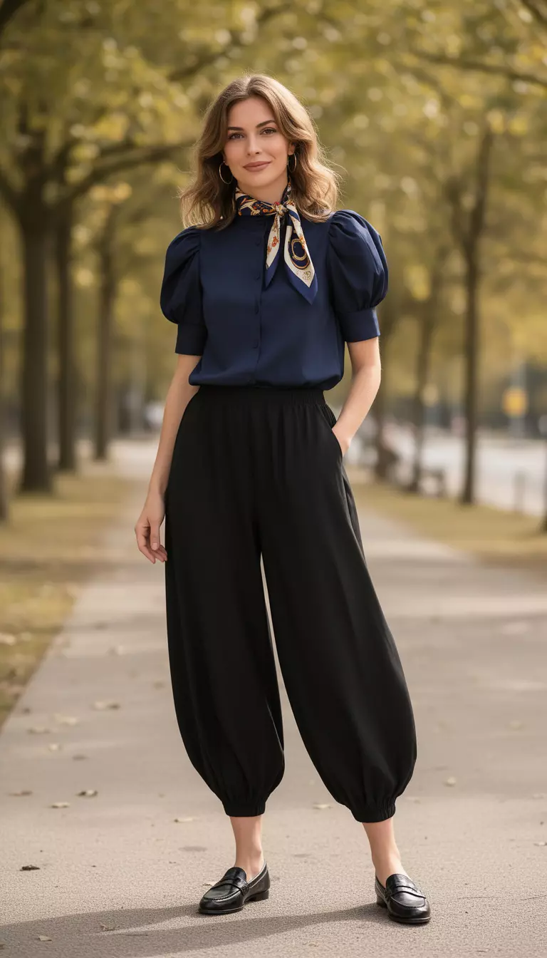 A beautiful woman in a navy puff sleeve blouse, black balloon pants, loafers, and a silk scarf.