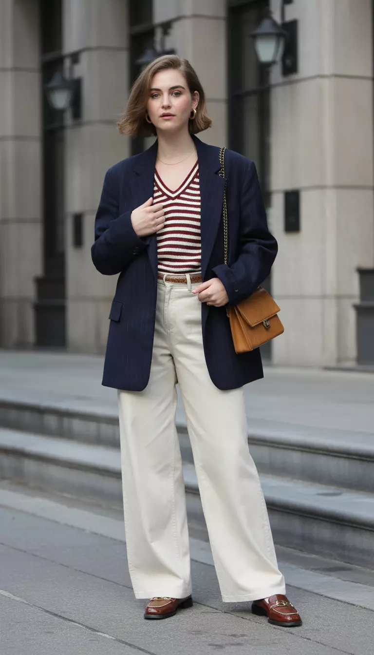 Oversized Navy Blazer and Wide-Leg Pants A beautiful woman in an oversized navy blazer, cream wide leg trousers, a striped V neck sweater, brown loafers, and a vintage chain wallet bag.