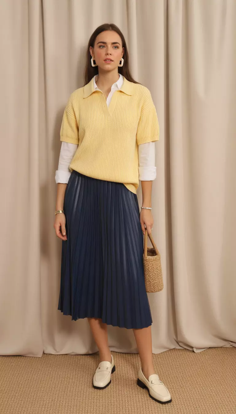 Primrose Polo Sweater and Pleated Skirt A beautiful woman in a primrose yellow polo sweater, white button down, navy pleated midi skirt, loafers, and square resin earrings.