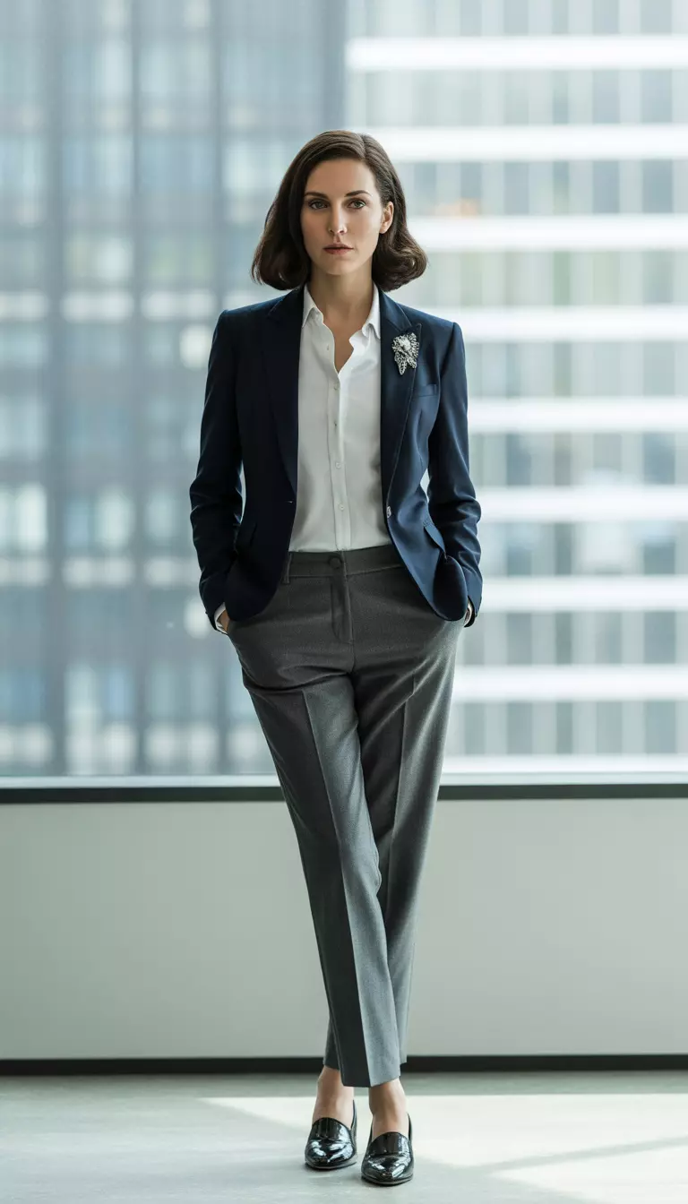 White Button-Down and Tailored Blazer A beautiful woman in a tailored navy blazer, crisp white button down, gray wool pants, a brooch, and derbies.