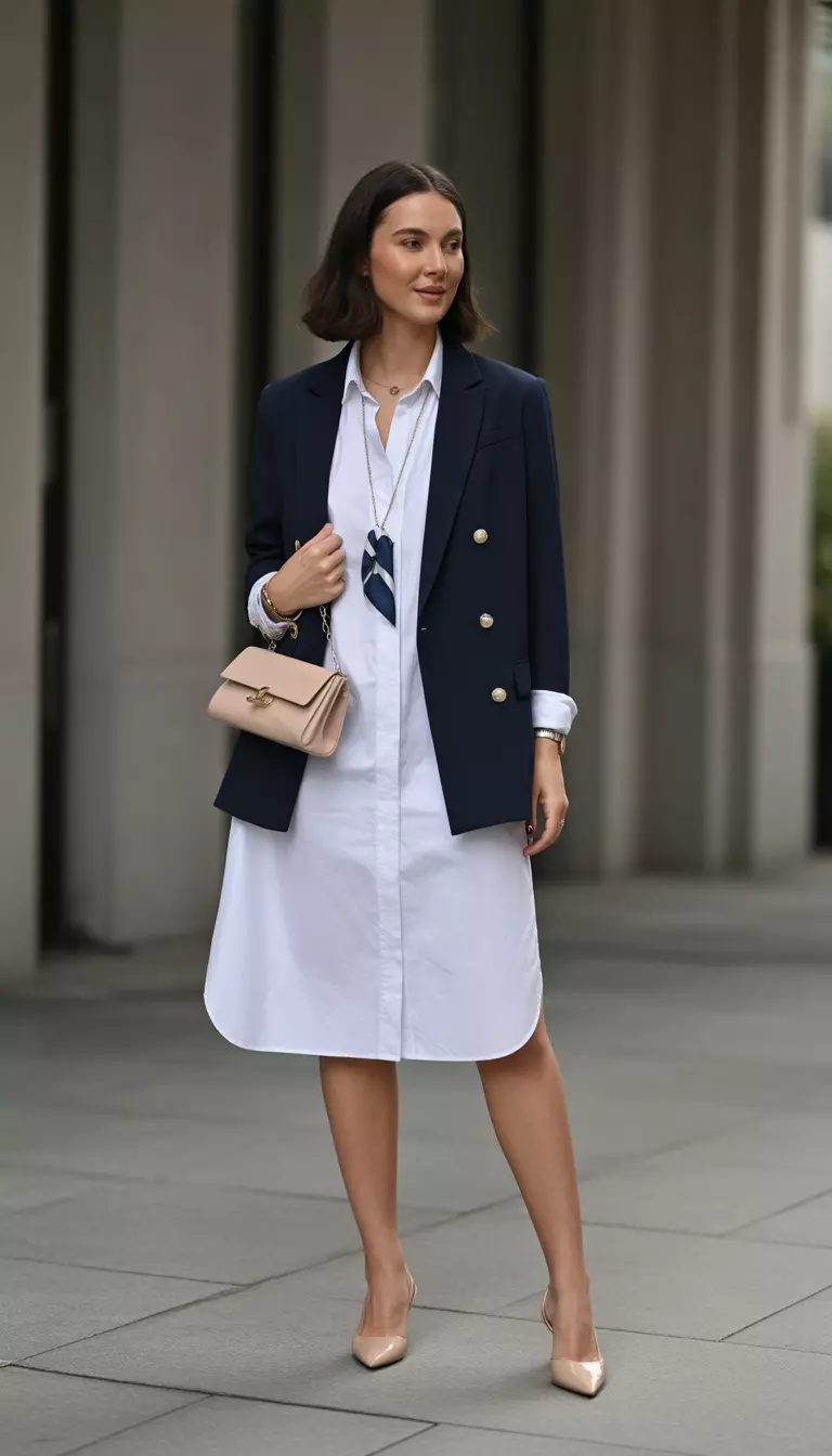 Crisp White Shirtdress and Blazer A beautiful woman in a knee length white minimalist shirtdress, navy single breasted blazer, nude slingback heels, and a silk scarf necklace.