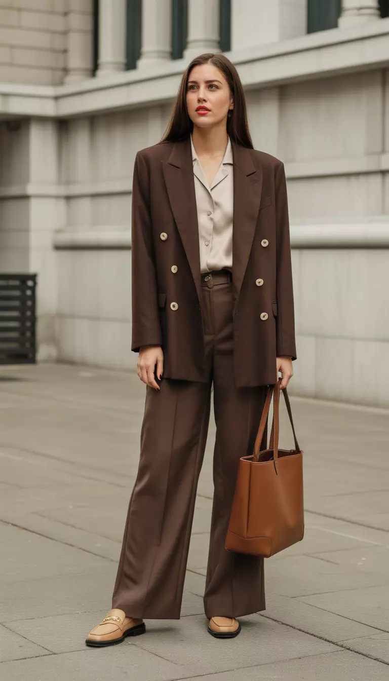 Chocolate Brown Power Suit A beautiful woman in a double breasted chocolate brown wool blend blazer, chocolate brown twill wide leg trousers, an ivory silk blouse, tan leather loafers, and a structured brown tote bag.