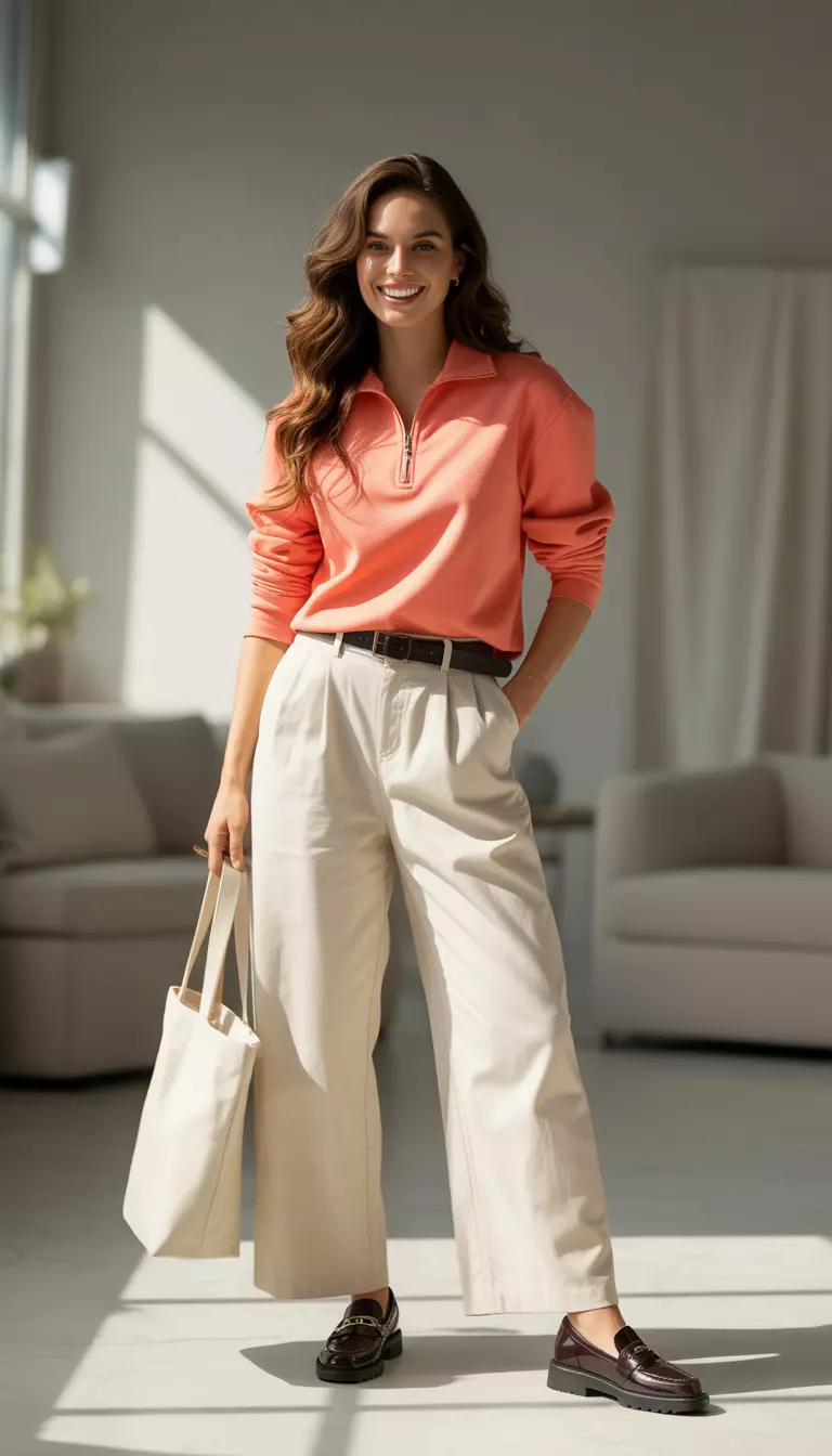 Coral Half-Zip and Poplin Pants A beautiful woman in a coral half zip pullover, wide leg cream poplin pants, loafers, and a leather belt.
