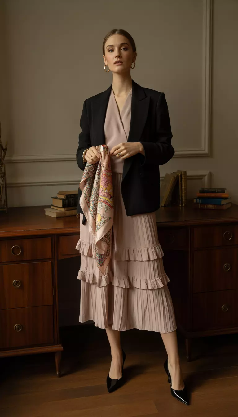 Blush Ruffle Midi Dress Blazer A beautiful woman in a blush ruffle midi dress, black blazer, black kitten heels, and a babushka scarf.
