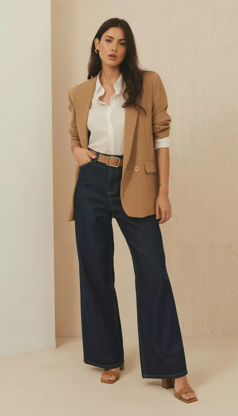 A beautiful woman in dark wash denim wide leg pants, a white button down shirt, tan blazer, belt, and block heels.