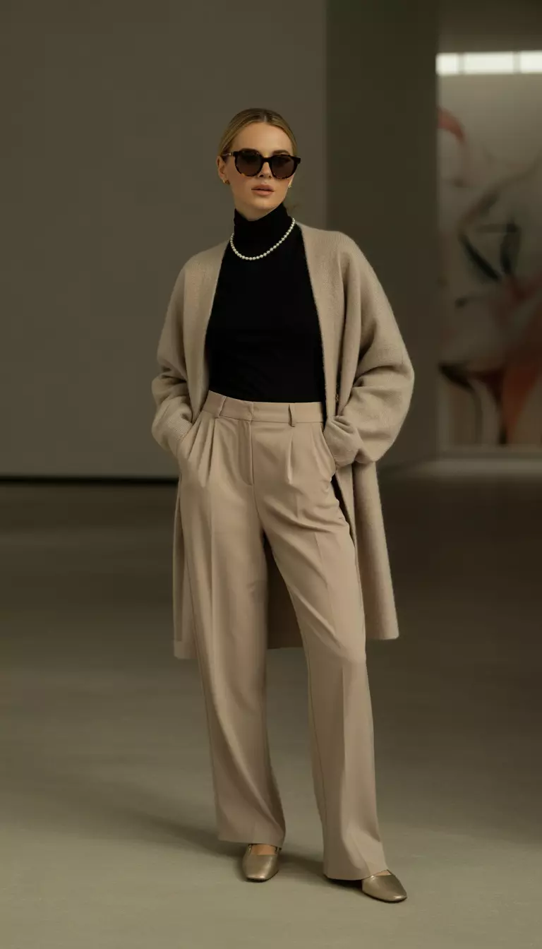Neutral Turtleneck and Riding Pants A beautiful woman in a black tissue thin turtleneck, beige riding pants, a cashmere cardigan, flats, and sunglasses.