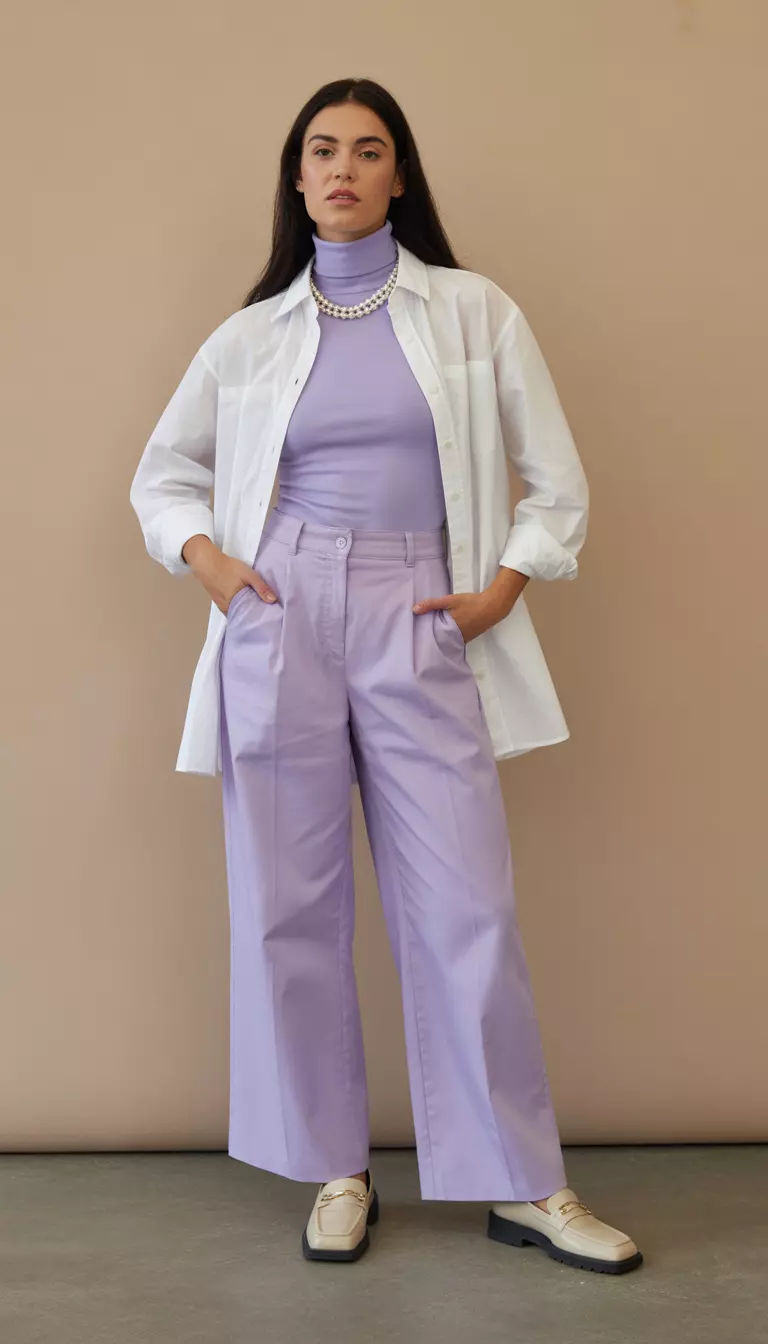 Lavender Soft Layering Ensemble A beautiful woman in a lavender fine turtleneck, white cotton poplin button down shirt, high waisted lavender wide leg trousers, beige loafers, and a pearl necklace.