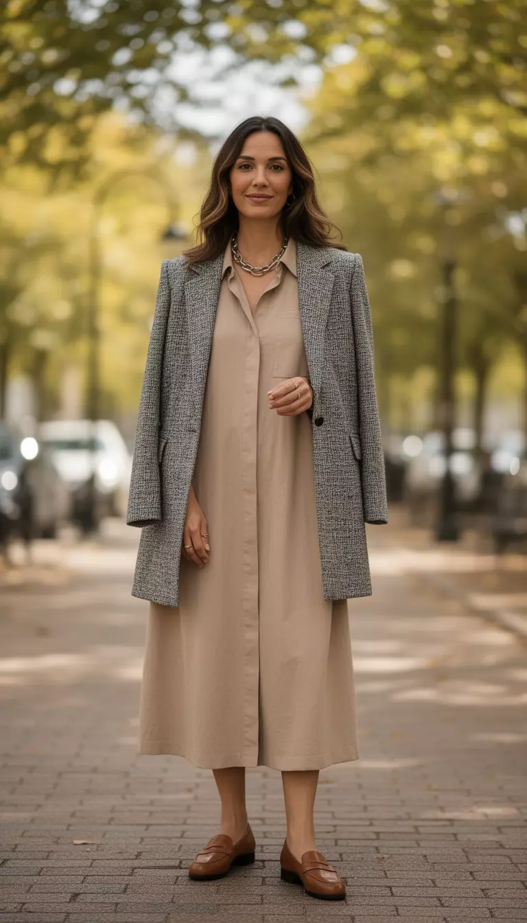 A beautiful woman in a gray tweed blazer, beige midi shirtdress, loafers, and a chain necklace.