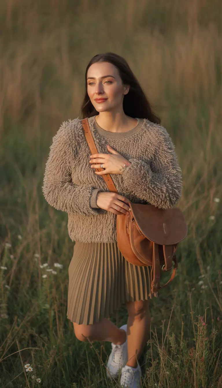 Khaki Prep Sweater and Skirt A beautiful woman in a khaki shaggy dog sweater, pleated khaki skirt, white sneakers, and a saddle pouch.