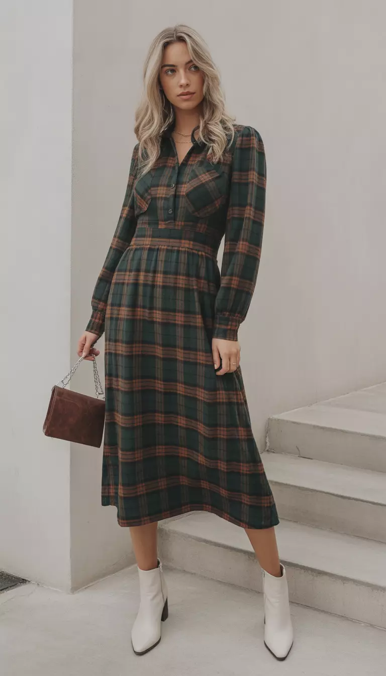 A beautiful blonde woman in a long sleeved plaid midi dress in green and burnt orange tones, cinched at the waist, with white ankle boots.