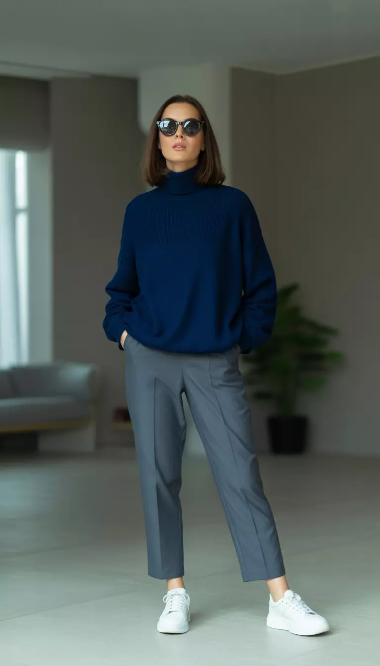 A beautiful woman in an oversized navy blue turtleneck sweater, grey ankle length trousers, white sneakers, and dark sunglasses.