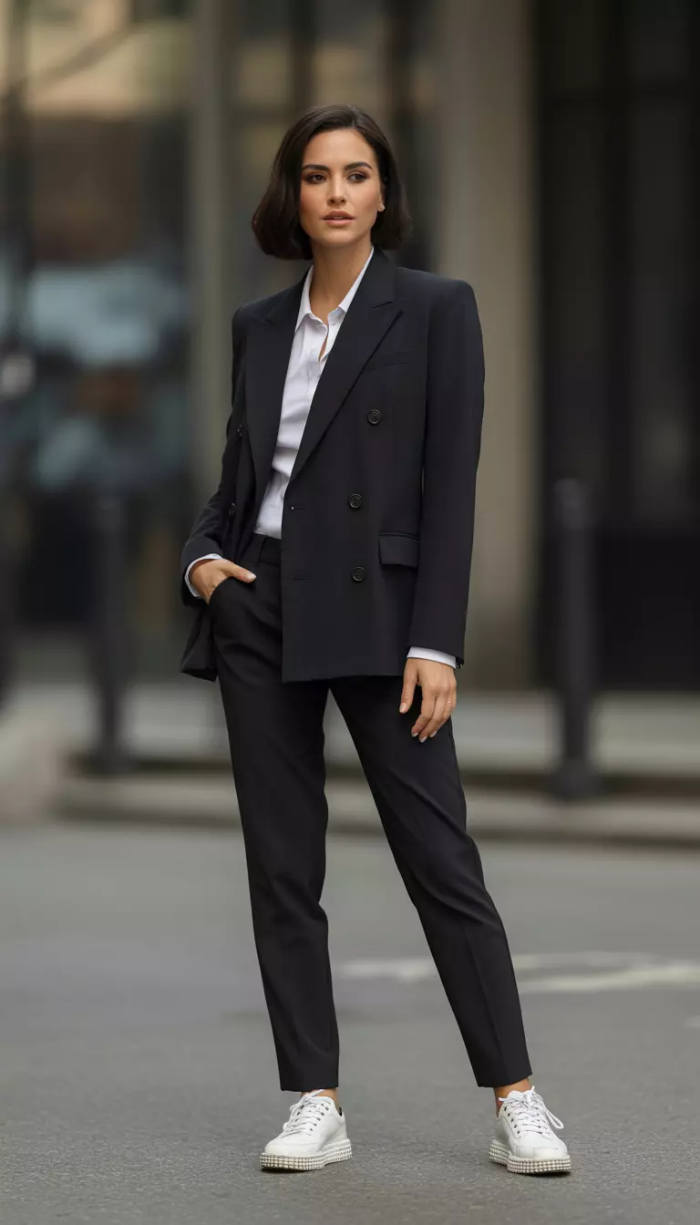 A beautiful woman in a black double breasted blazer, white collared shirt, slim black trousers, and white studded trainers.