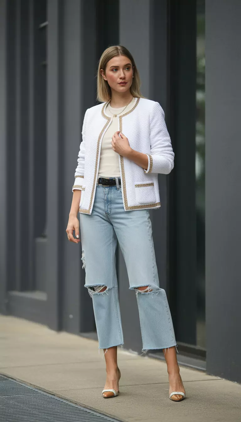 A beautiful woman in a white structured cardigan jacket with gold trim, cream top, distressed light blue cropped jeans, and two toned low heels.