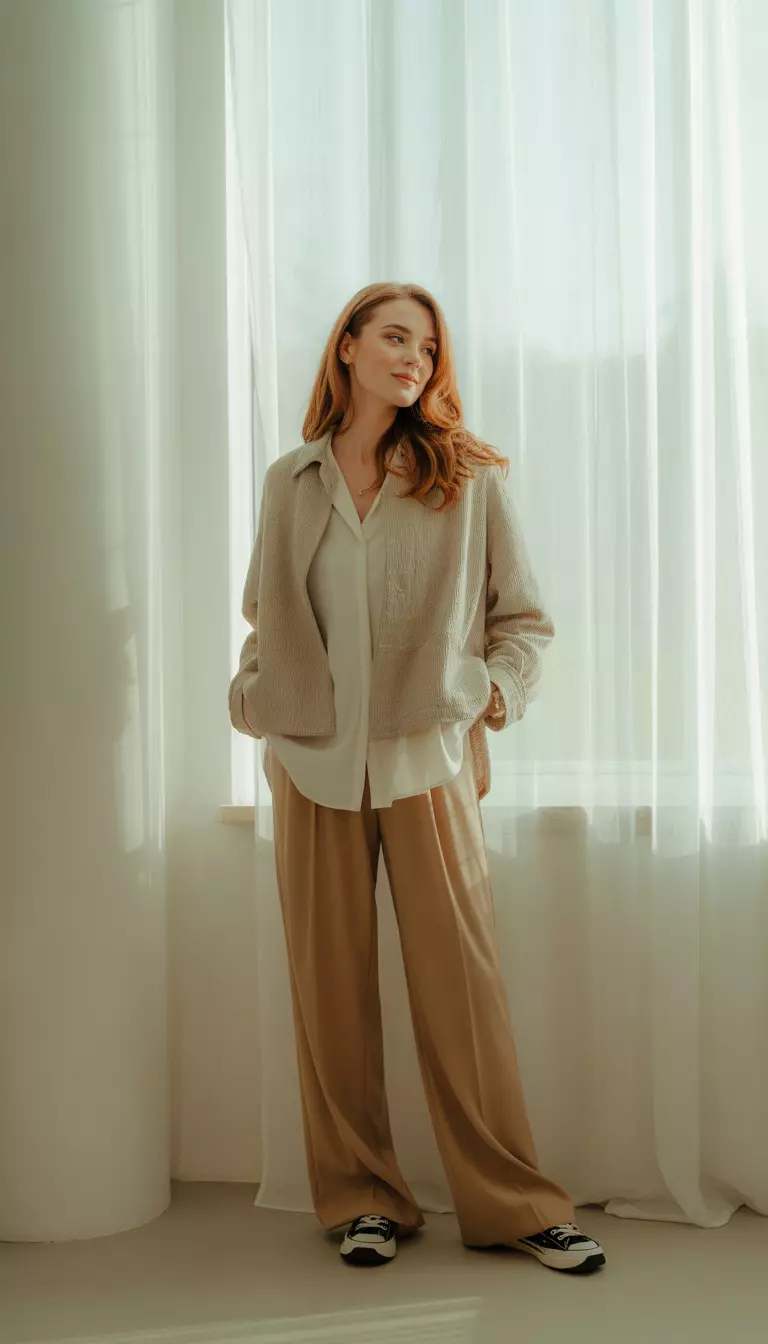 A beautiful woman in a loose oatmeal textured jacket, white blouse, wide leg tan trousers, and black sneakers.