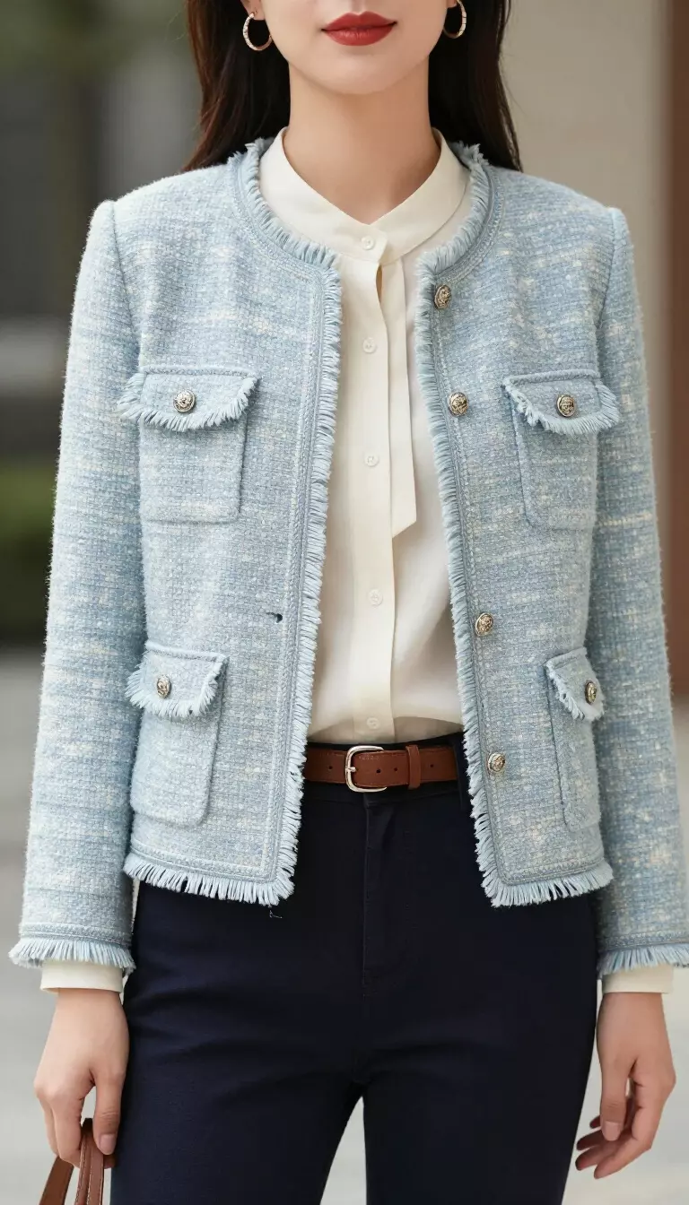 A beautiful woman in a light blue patterned tweed jacket with frayed trim, cream blouse, dark trousers, and a leather belt.