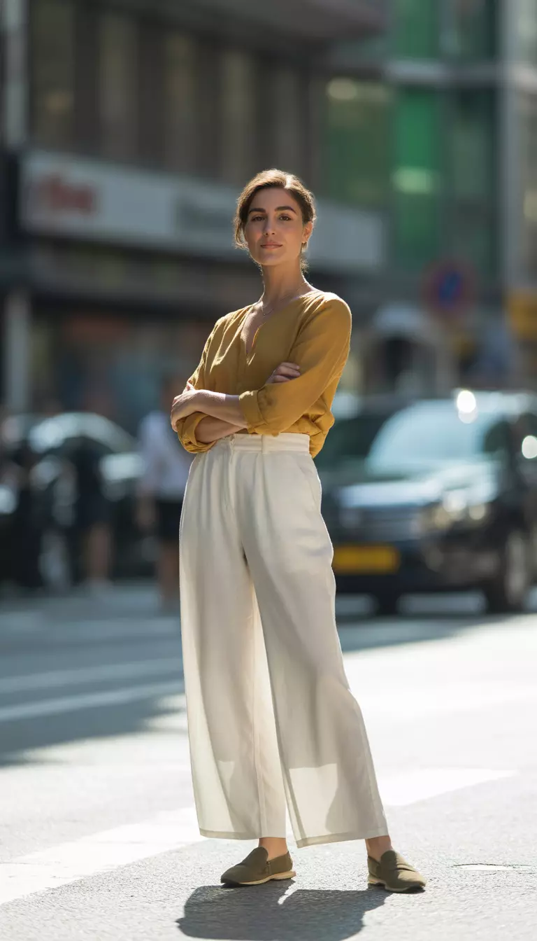 A beautiful woman in a mustard yellow long sleeved top, wide leg white trousers, and brown slip on shoes.