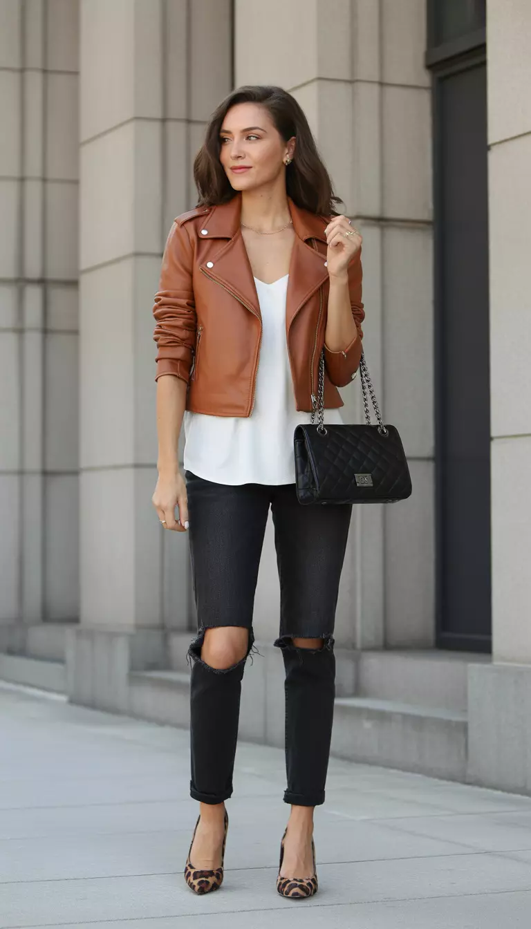 A beautiful woman in a caramel brown faux leather biker jacket, white top, ripped black jeans, leopard print pumps, and a quilted black handbag.