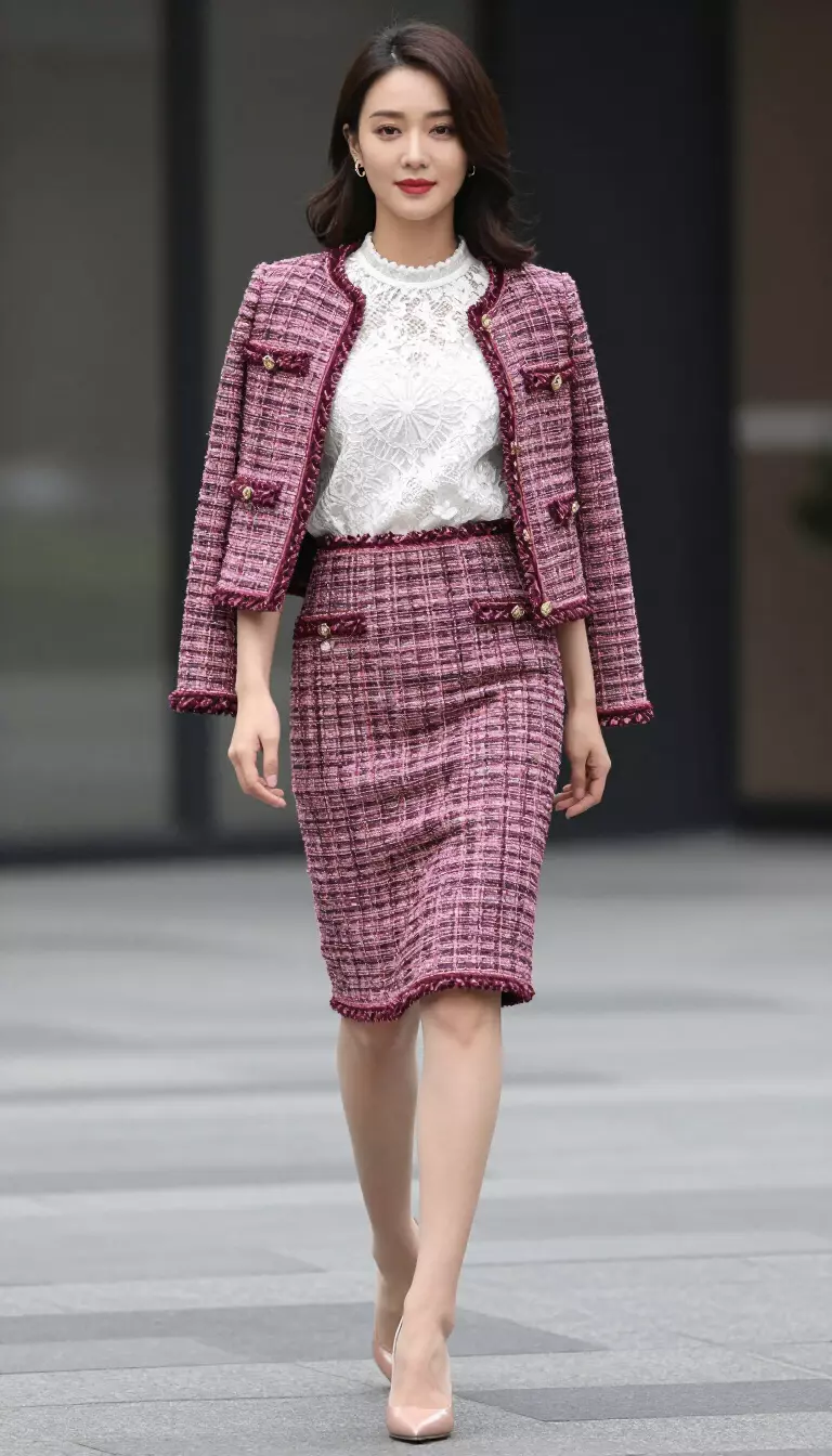 A beautiful woman in a white lace top, a patterned tweed jacket and matching pencil skirt in shades of pink and burgundy, and nude heels.