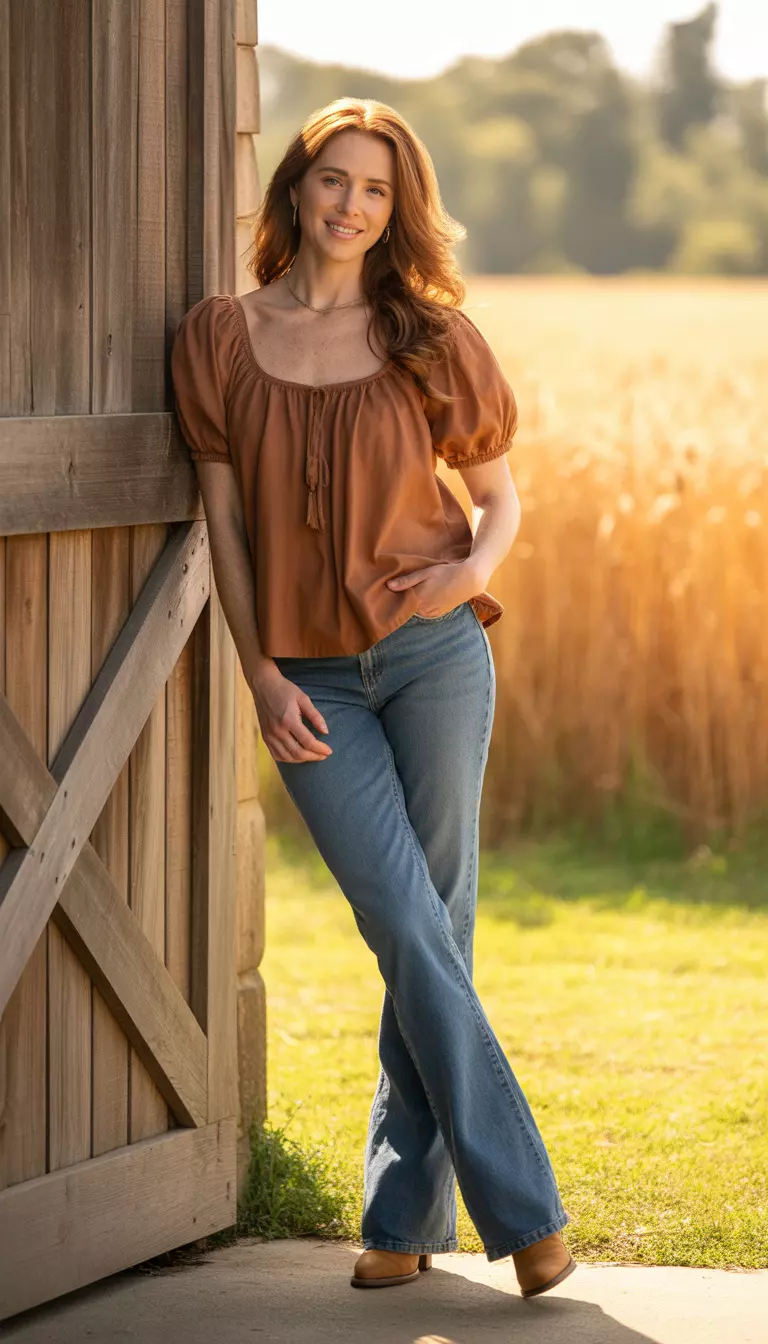 Cinnamon Peasant Blouse and Bootcut Jeans A beautiful woman in a cinnamon brown puffed sleeve peasant blouse, blue bootcut jeans, and tan ankle boots.