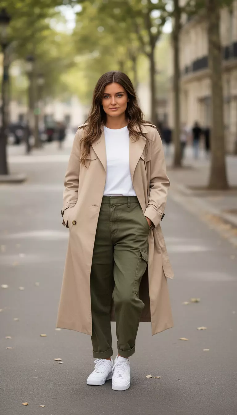 A beautiful woman in a beige trench coat, a high-quality white tee, olive green cargo pants, and white sneakers.